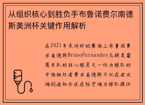 从组织核心到胜负手布鲁诺费尔南德斯美洲杯关键作用解析 从组织核心到胜负手布鲁诺费尔南德斯美洲杯关键作用解析