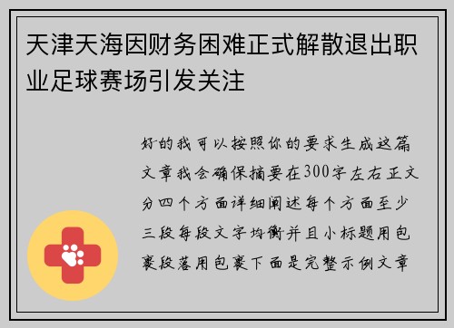 天津天海因财务困难正式解散退出职业足球赛场引发关注 天津天海因财务困难正式解散退出职业足球赛场引发关注