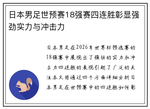 日本男足世预赛18强赛四连胜彰显强劲实力与冲击力 日本男足世预赛18强赛四连胜彰显强劲实力与冲击力